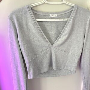 Gray V-Neck Long Sleeve Top